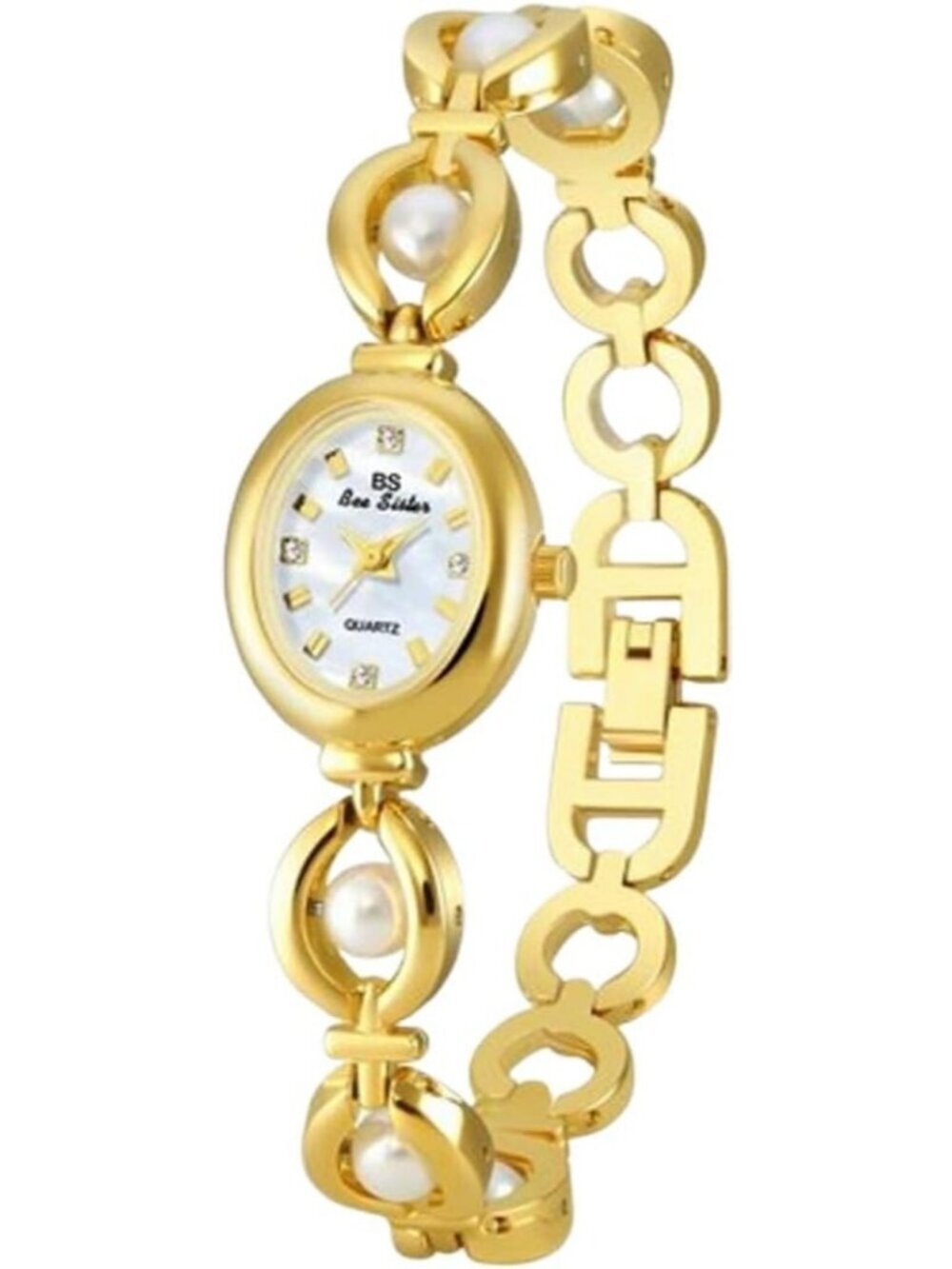 Women's Gold White Gemstone Pearl Bracelet Waterproof Quartz Oval Dial Watch